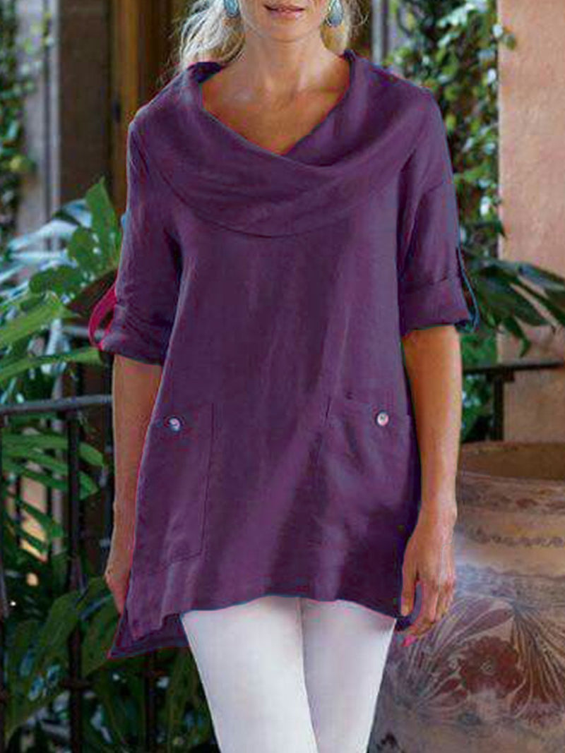 Pockets Long Sleeve Cowl Neck Cotton-Blend Shirt